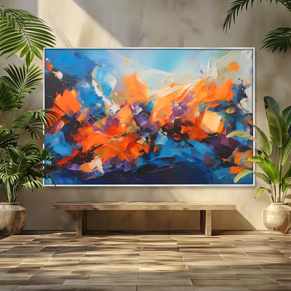 Tablou canvas cu pictura abstracta cu pete portocalii, in rama de aluminiu argintiu